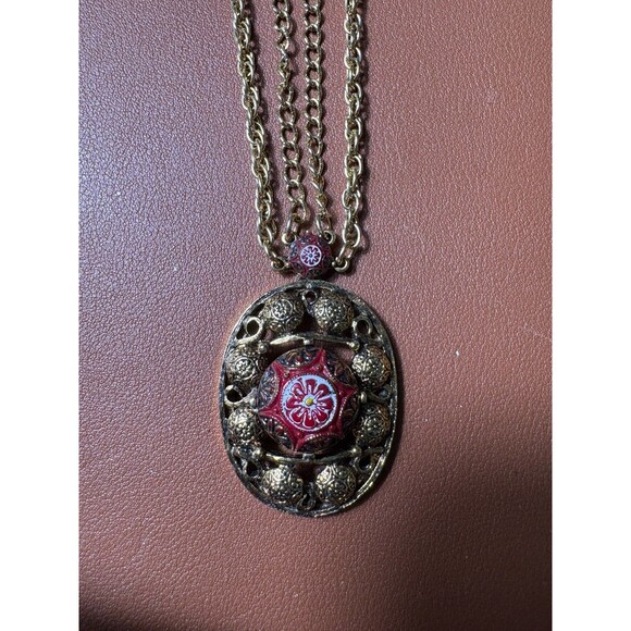 Vintage Gold Tone Pendant Necklace Red Millefiori Micromosaic Filigre Ornate 12" - Picture 3 of 5